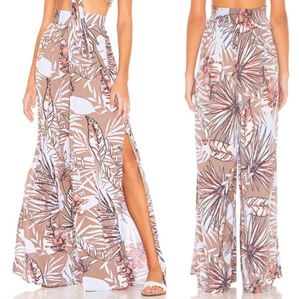 Maaji Wide Leg Side Slit Coverup Tropical Hawaiian Aloha Pants: Palm Leaf Print